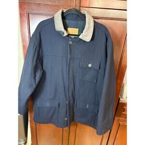 GH Bass Men's Navy Wool Chore Coat Leather Collar Size M Vintage